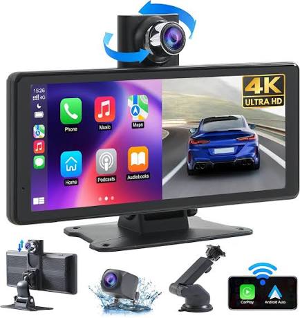 Pantalla portátil Carpuride W903 para coche con CarPlay, cámara giratoria y soporte de salpicadero